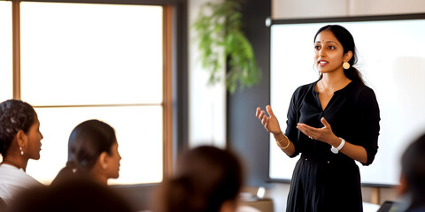 An Indian woman leader delivering a presentation