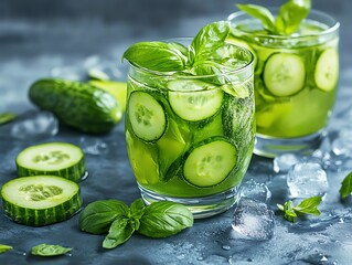 A refreshing herbal drink with fresh basil and cucumber, minimalist spa backdrop, herbal wellness drink, cool and revitalizing