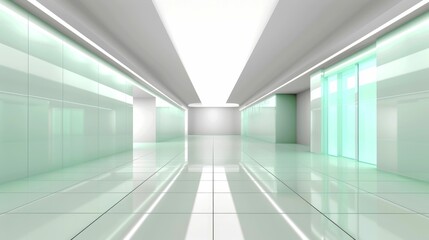 Fototapeta premium Modern Interior Hallway with Light Green Glass Panels and White Tiled Floor