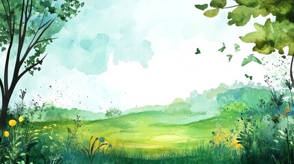 Fototapeta premium Watercolor Landscape: Tranquil Meadow with Birds in Flight