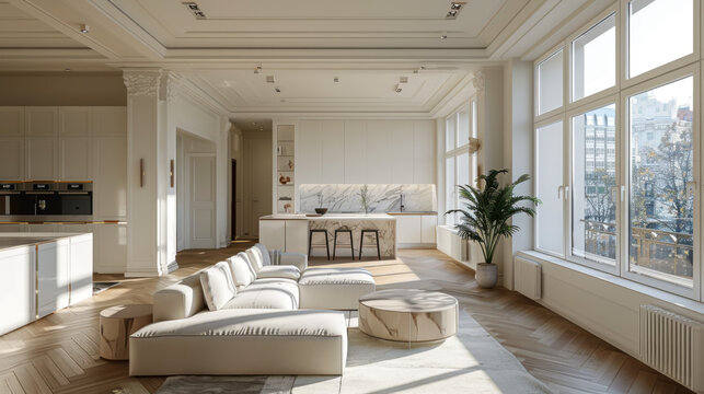 light luxury interior design of a modern apartment in a minimalist style with marble trim and huge windows