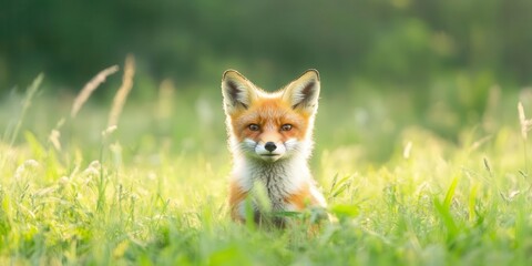 A close-up shot of a curious fox sitting in a lush green field, showcasing its vibrant fur and expressive eyes.