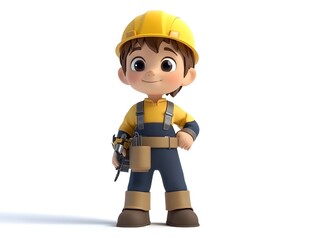 Detailed 3D animation of a full body male character in a welder s uniform standing in the center of a clean white studio background ready for industrial manufacturing or technical applications