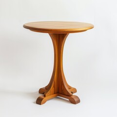 A simple, elegant wooden table with a round top and a pedestal base. The table is made of light wood and has a natural finish.