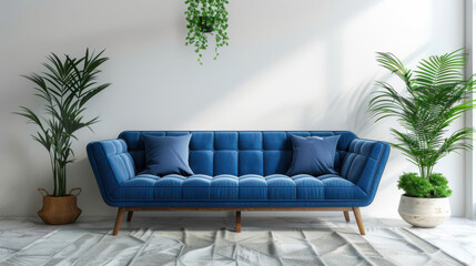 White room with blue sofa. Scandinavian interior design