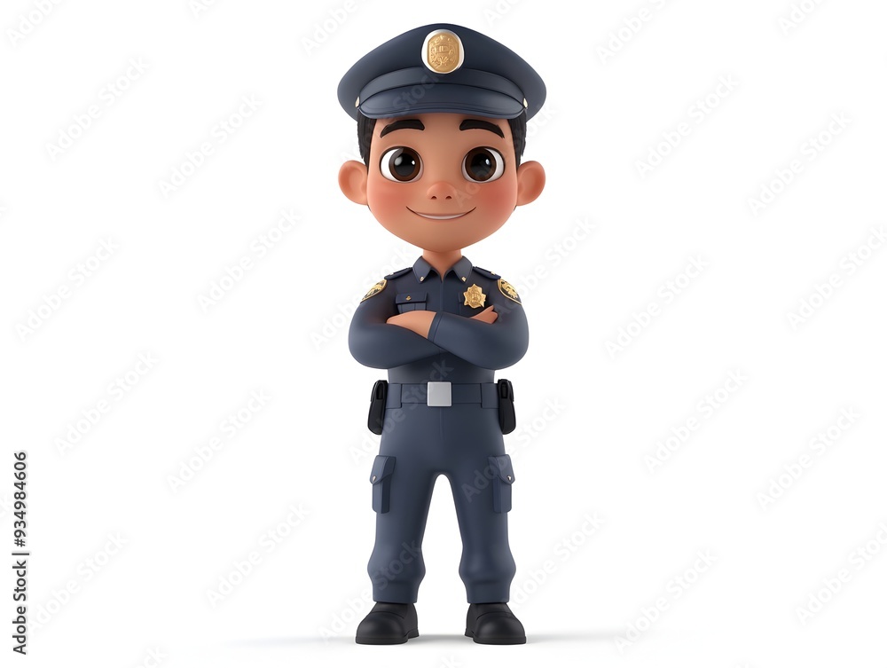 Poster 3d animation of a full body security guard boy in uniform standing at the center and isolated on a p