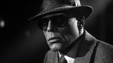 Dramatic Portrait of Mysterious Invisible Man Wearing Hat and Sunglasses in Noir Style Setting with Intense Expression