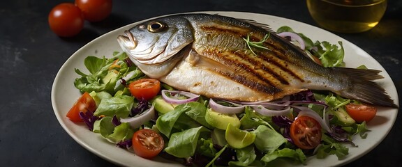 Delicious Fish dish with lemon and salad, Baked or fried salmon or tuna, seafood Healthy concept