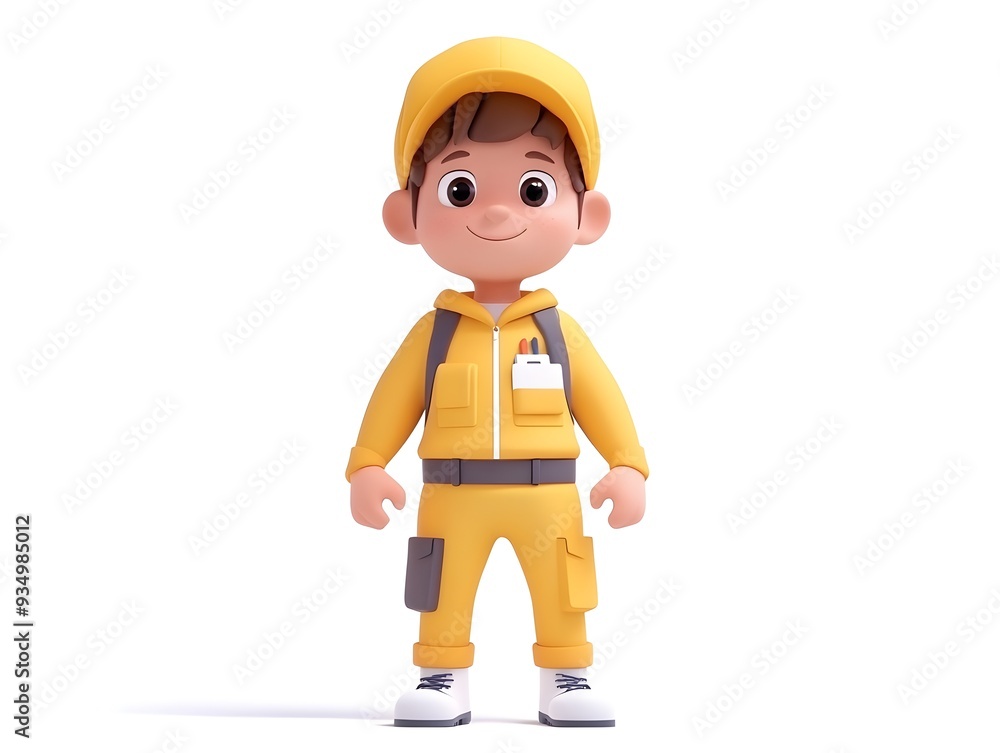 Aufkleber fully rendered 3d animation of a boy wearing a graphic designer uniform standing centered on a clean