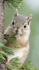 Obraz premium A curious squirrel enjoys a snack while perched on a tree branch, showcasing its playful nature in a lush green setting.
