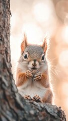 Obraz premium A cute squirrel perched on a tree, holding a nut with a curious expression, surrounded by soft, warm, natural light.
