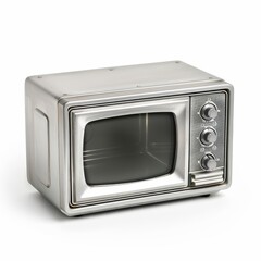 Obraz premium A sleek silver microwave oven with a classic design, isolated on a white background. The microwave has a glass door and three knobs on the front.