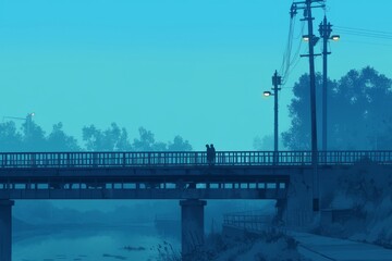 Fototapeta premium A foggy bridge with only the silhouette of a person visible. Cozy vibe, Generative AI