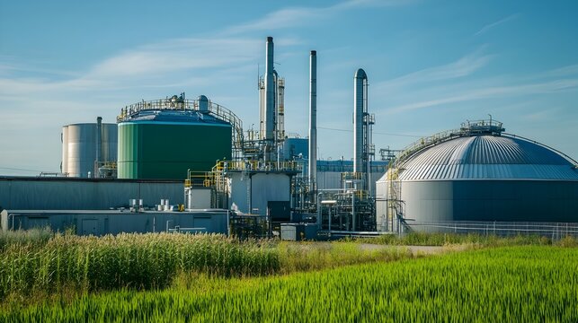 Biogas Plant Converting Organic Waste into Renewable Energy A facility with storage tanks and processing units in the background