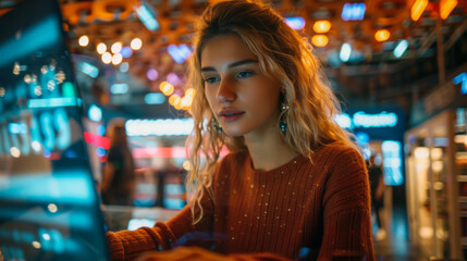 show a photographic scene of a young woman experiencing a rewarding buying process behind her latop
