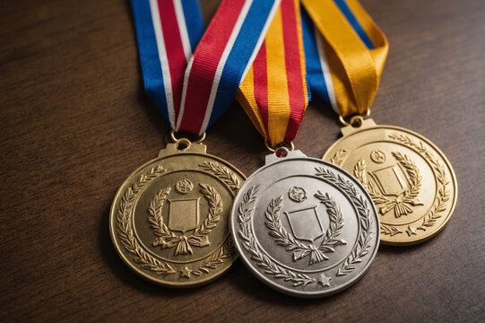 Gold silver and bronze demonstration trophy medals with ribbon for school university or national or olympic sport even organization competition