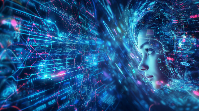 Data Driven: A digital illustration of a person surrounded by swirling streams of data, with graphs, charts, and binary code orbiting around them.