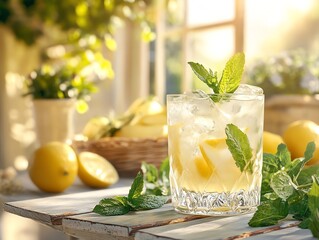 Glass of fresh mint lemonade with ice, picnic table setup with summer vibes, refreshing drink, cool and citrusy