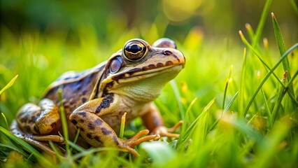 Obraz premium Frog resting on green grass in a natural environment, frog, grass, nature, wildlife, green, peaceful, outdoor, pond