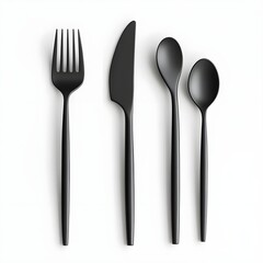 Black Cutlery Set on White Background.