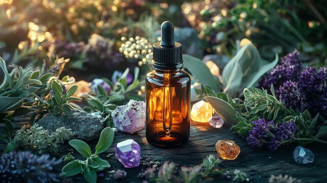 Herbal elixir in a glass bottle with a dropper, surrounded by fresh herbs and crystals, herbal wellness, holistic and healing