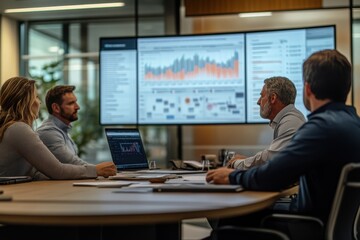 Business team in a modern conference room analyzing data displayed on large screens during a meeting. Focus on collaborative decision-making.