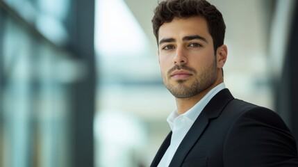 Fototapeta premium Close-up of a confident young businessman with a sharp suit and focused expression, standing in a modern office environment