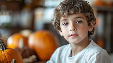 Fototapeta premium A young boy sits in a warm, inviting space filled with pumpkins, capturing the essence of a modern Thanksgiving celebration with a cheerful expression, copy space