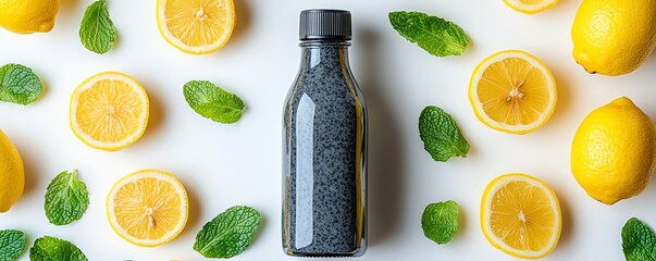 A bottle of detox juice with activated charcoal, surrounded by fresh lemon slices and mint leaves, minimalist spa setting, detox cleanse, purifying and refreshing