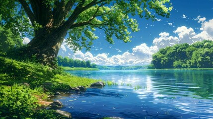 Tranquil Lakeside Scene with Lush Greenery and a Blue Sky