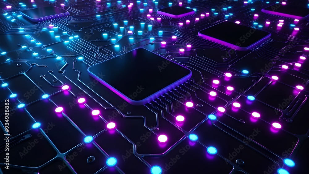 Poster neon data grid with interconnected dots in a range of neon blue and pink hues, forming a complex dig