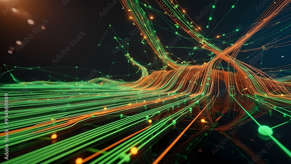 Poster abstract digital landscape with flowing lines of neon green and orange dots, simulating data streams
