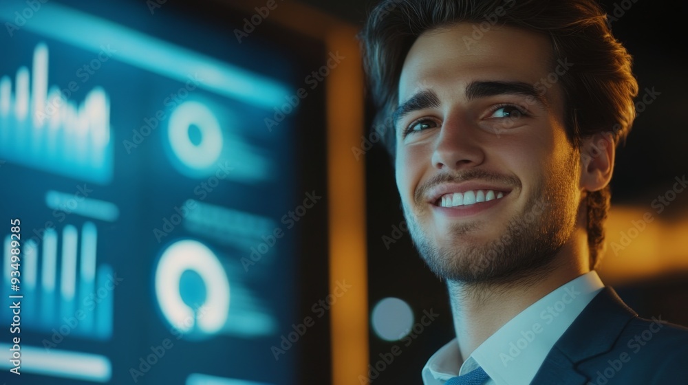 Poster close-up of a young businessman with a clear, positive expression, presenting data on a screen in a 