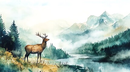 Obraz premium Majestic Deer in a Foggy Mountain Landscape