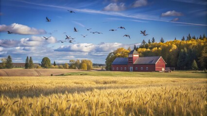 A red barn stands in a golden field of wheat with a flock of geese flying overhead.