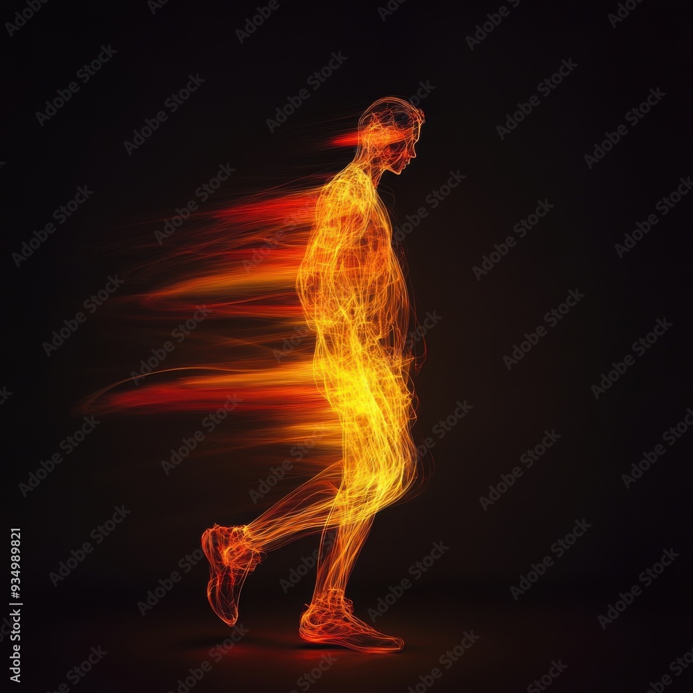 Poster illuminated motion: dynamic light trails transforming into abstract human figures
