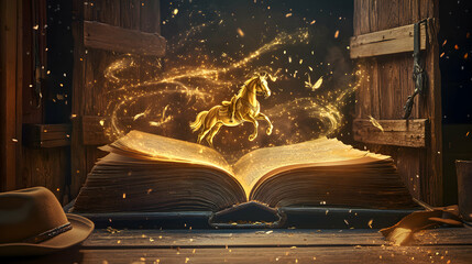 A weathered, leather-bound book opened on a dusty saloon table, with golden tendrils of magic flowing out, forming images of galloping horses, cacti, and desert landscapes