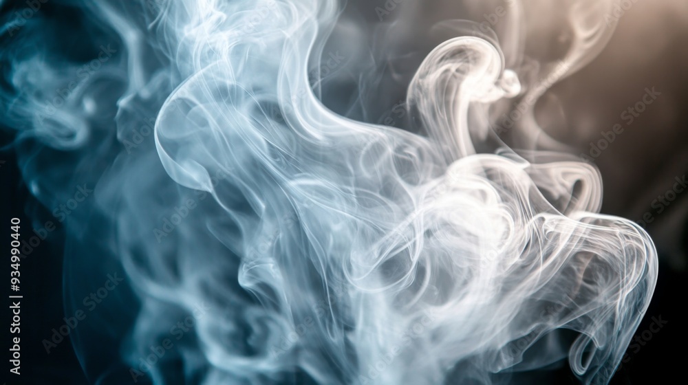 Poster close-up of swirling smoke patterns against a dark background, with soft lighting highlighting the d