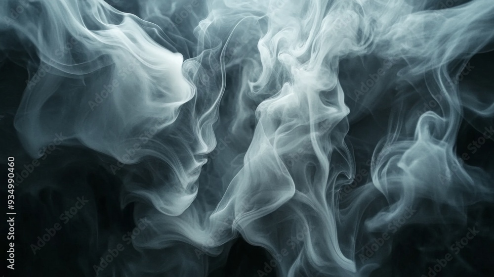 Poster close-up of swirling smoke patterns against a dark background, with soft lighting highlighting the d