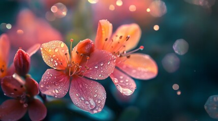 Close-up of vibrant, dew-kissed flowers with intricate details and rich colors, set against a soft, blurred background
