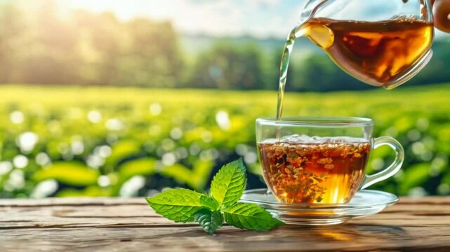 Peppermint tea is pouring in a tea cup on peppermint field background.