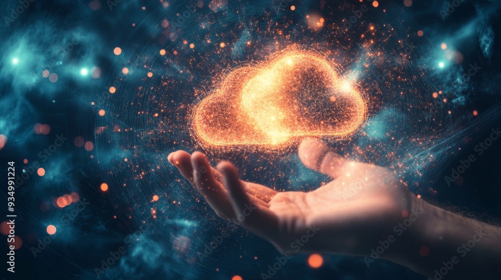 Poster Cloud technology concept Global network of metaverse systems concept, Man hand touch data with internet cloud technology and File Transfer backup copy,Global business Internet for Telecommunication