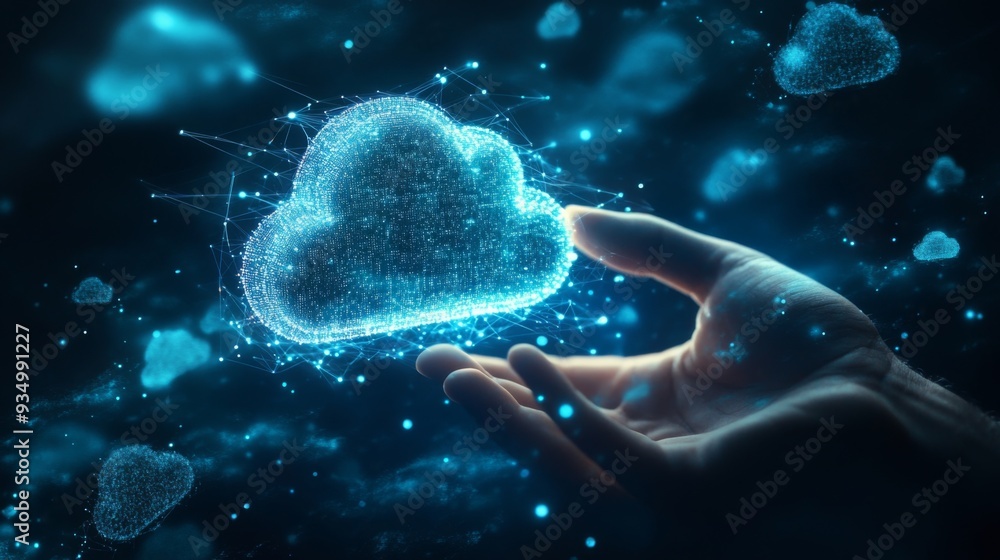 Poster Cloud technology concept Global network of metaverse systems concept, Man hand touch data with internet cloud technology and File Transfer backup copy,Global business Internet for Telecommunication