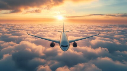 Commercial airplane flying above clouds in sunset light. Fast Travel and transportation concept, Passenger airplane Travel.