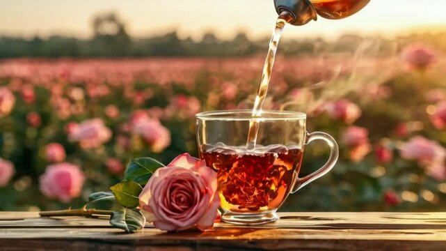 Rose tea is pouring in a tea cup on rose field background.