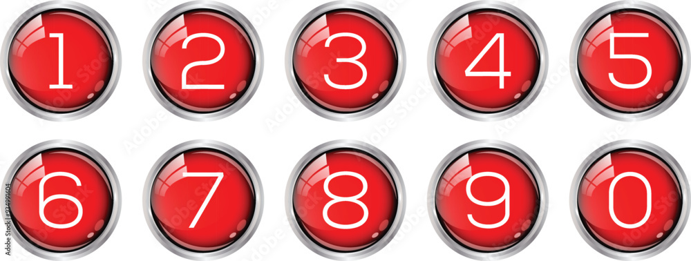 Poster simple numbers icon with red color glossy circle. from 0 to 9. number button art vector illustration.