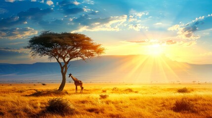 Fototapeta premium A Lone Giraffe Stands in the Savanna at Sunset