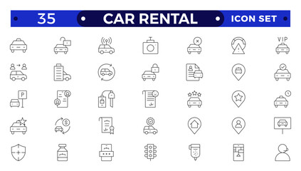 Car and rent simple minimal thin line icons. Related car rent, repair, transport, travel. Car dealer, vehicle and automobile industry related outline icons set.