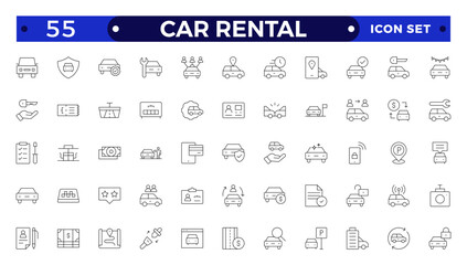 Car and rent simple minimal thin line icons. Related car rent, repair, transport, travel. Car dealer, vehicle and automobile industry related outline icons set.