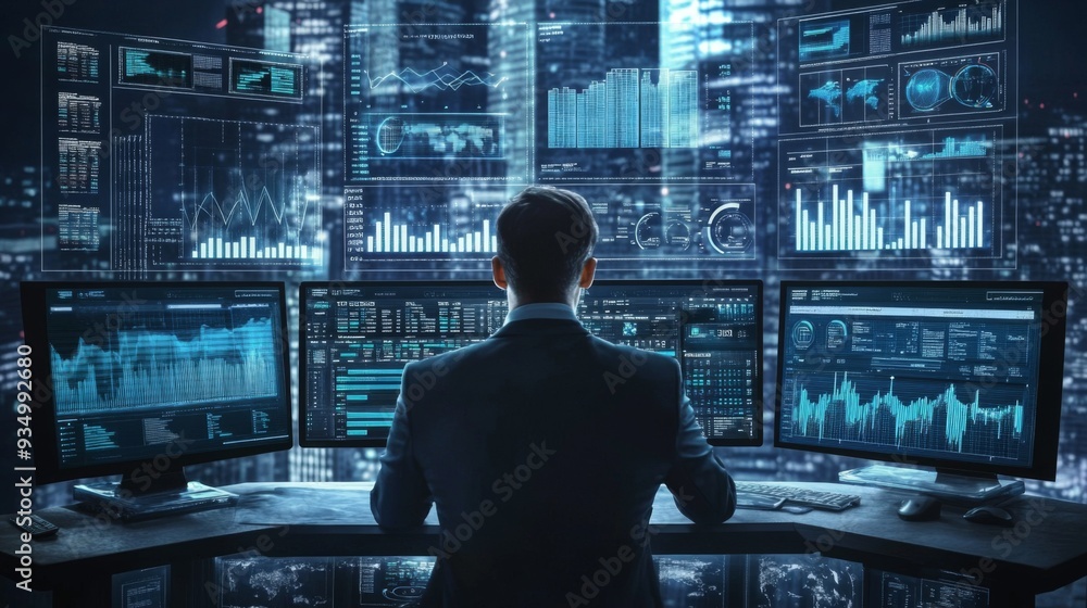 Aufkleber Data scientist working with interactive 3D bar charts on multiple screens, with graphs and digital interfaces visible